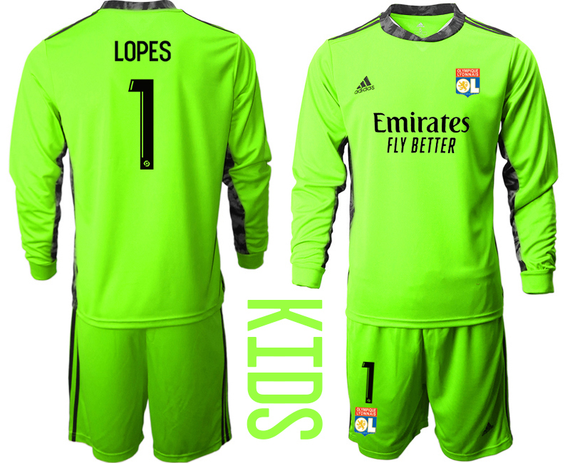 2021 Olympique Lyonnais fluorescent green goalkeeper long sleeve kids #1 soccer jerseys->youth soccer jersey->Youth Jersey